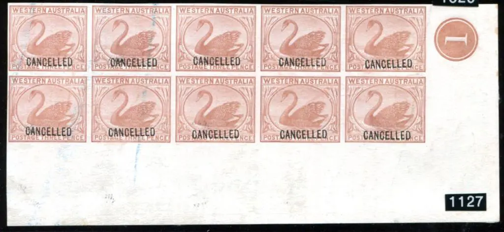 1871/73 3d brown swan in proof corner block of 10 ... Image 1++