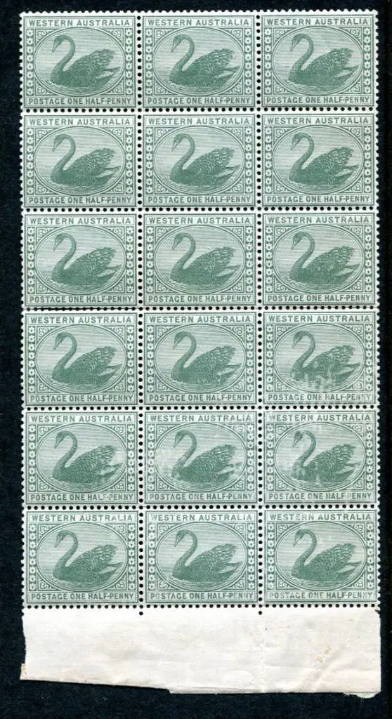 1885 ½d green swan, Crown CA wmk, MUH block of 18 ... Image 1++