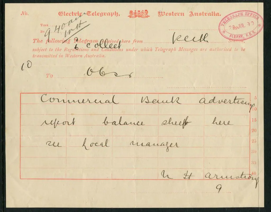 1890 (26th July) Electric Telegraph, WA Telegraph ... Image 1++
