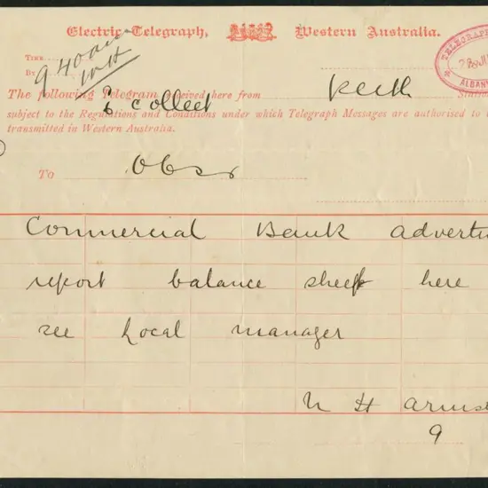 1890 (26th July) Electric Telegraph, WA Telegraph ...