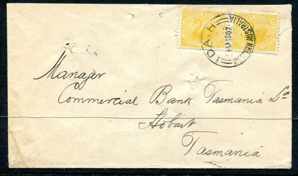 1907 (14th Apr) 2d yellow swans x 2 on Hobart ... Image 1++