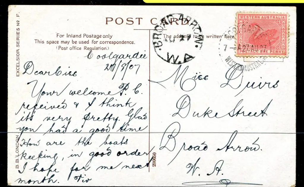 1907 (27th Aug) Coolgardie to Broad Arrow postcard ... Image 1++