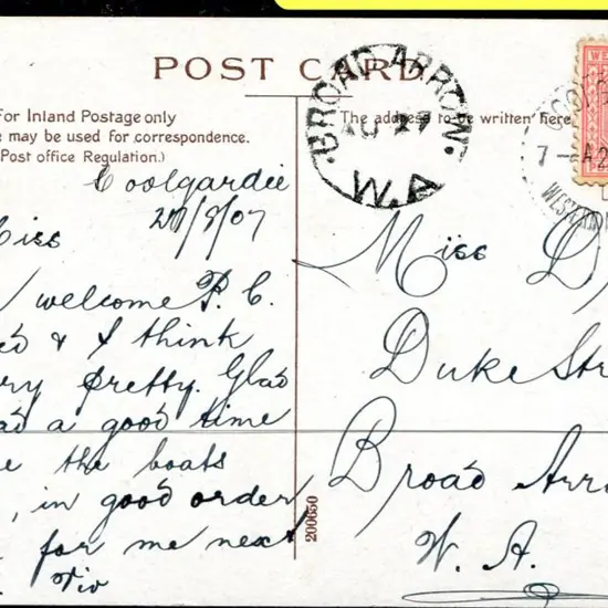 1907 (27th Aug) Coolgardie to Broad Arrow postcard ...