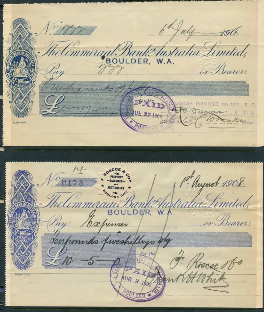 1907/08 bank cheques drawn on Boulder WA branch of ... Image 1++