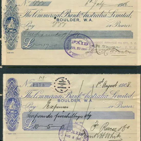 1907/08 bank cheques drawn on Boulder WA branch of ...