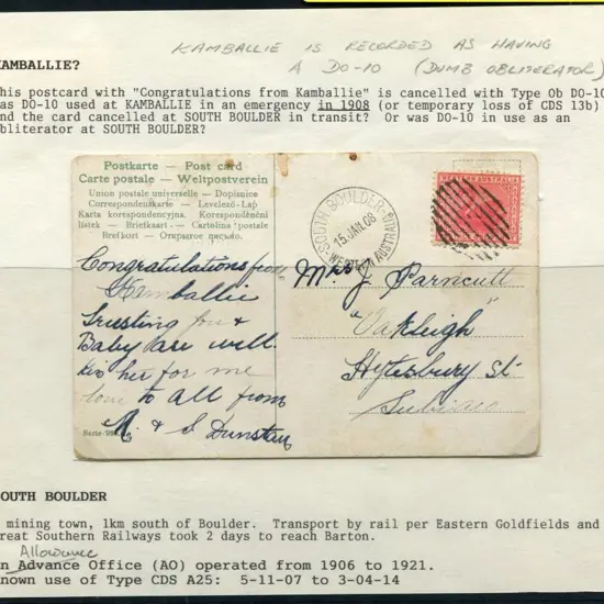 1908 (15th Jan) Postcard with Dumb Obliterator ...