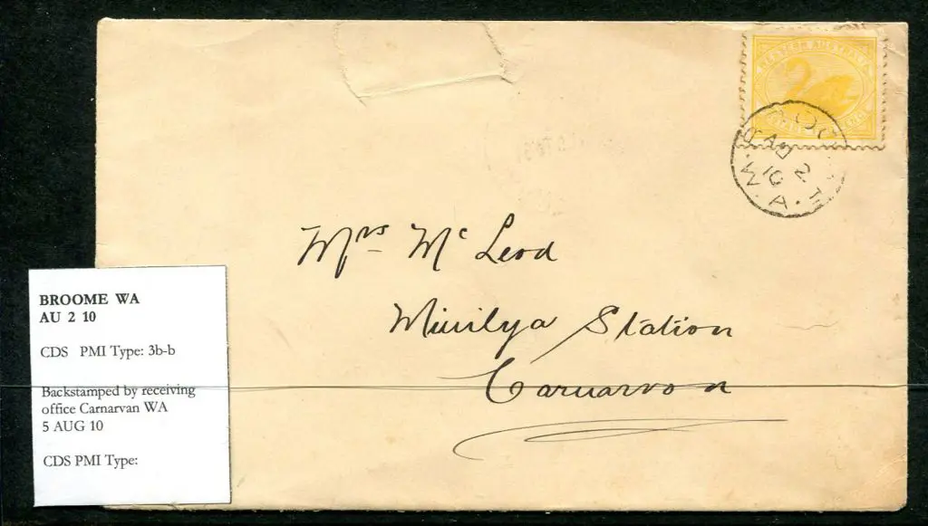 1910 (2nd Aug) Broome to Carnarvon cover with 2d ... Image 1++