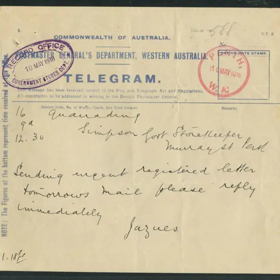 1916 (10th May) Postmaster General's Dept, WA ...