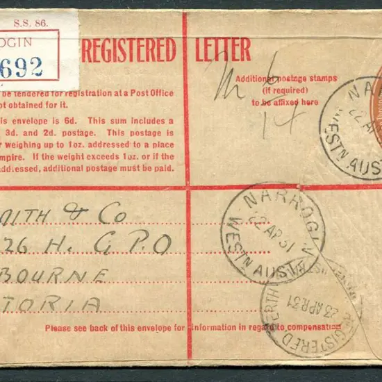 1931 (22nd Apr) 5d KGV Registered Env addressed to ...
