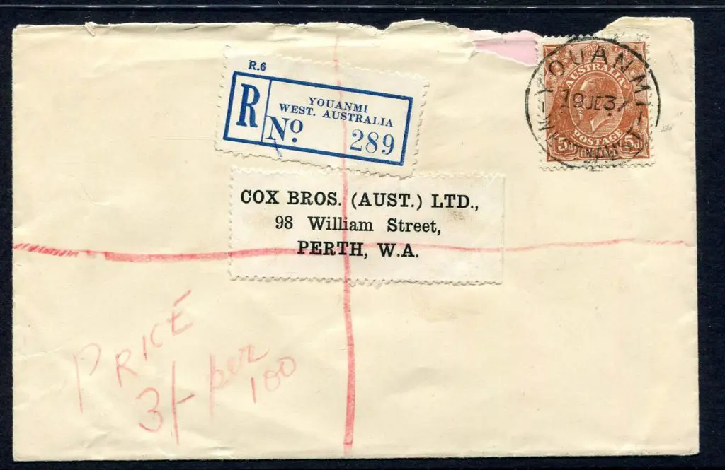 1937 (19th June) 5d KGV tied to Perth addressed ... Image 1++