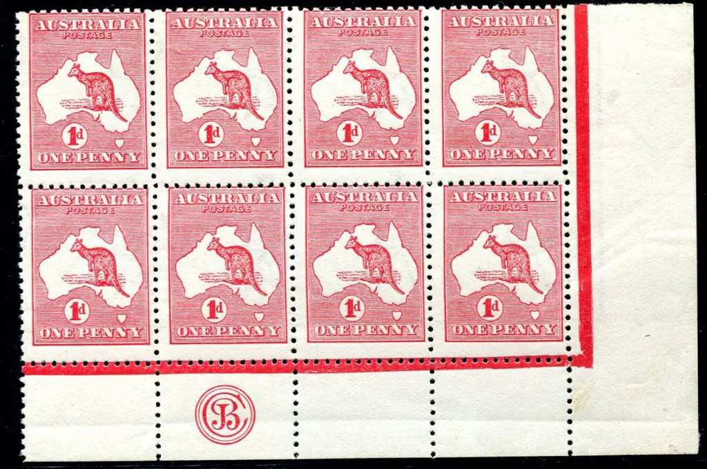 1d red Die II JBC monogram corner block of 8. ... Image 1++