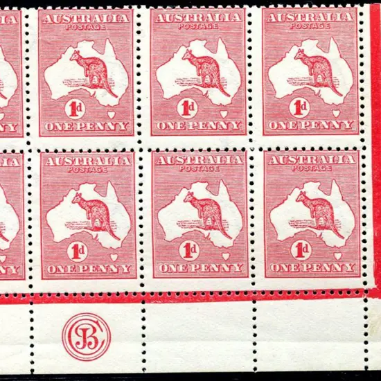 1d red Die II JBC monogram corner block of 8. ...