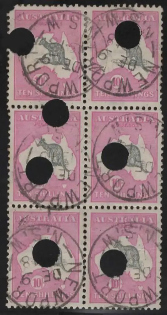 10/- grey &amp; pink well centred block of 6. ... Image 1++