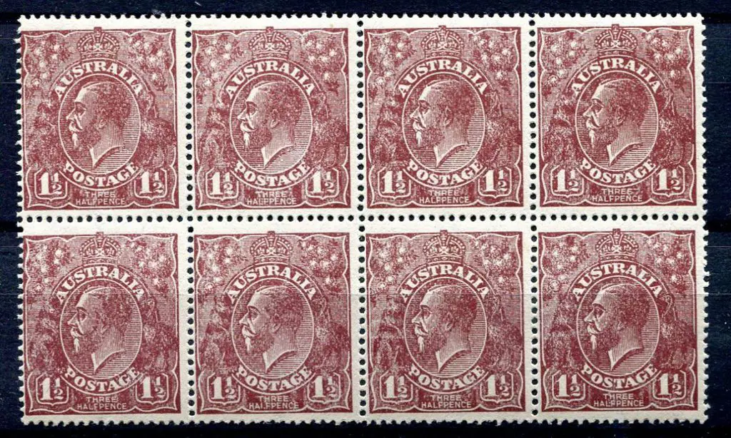 1½d brown block of 8 from Plate 3 (stamps 19-22 ... Image 1++