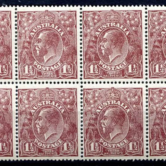 1½d brown block of 8 from Plate 3 (stamps 19-22 ...