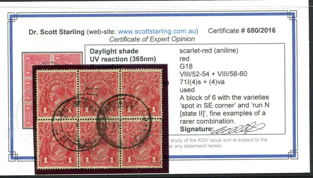 1d scarlet (aniline) block of 6 with "spot in ... Image 1++