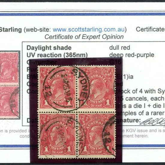 1d dull red block of 4 with two Die I &amp; II ...
