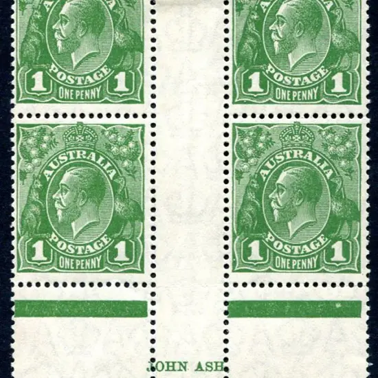 1d green John Ash imprint block of 4 with ...