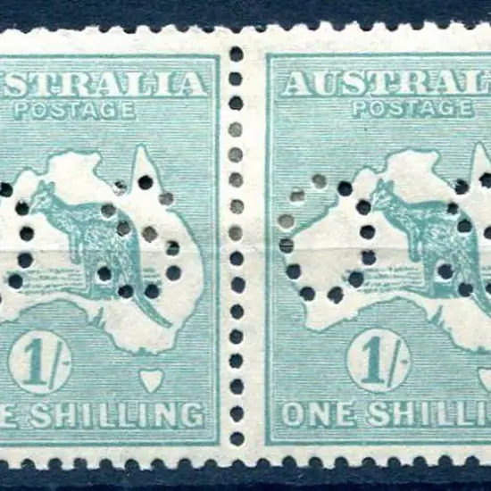 1929/30 1/- blue green pair perfined small ...