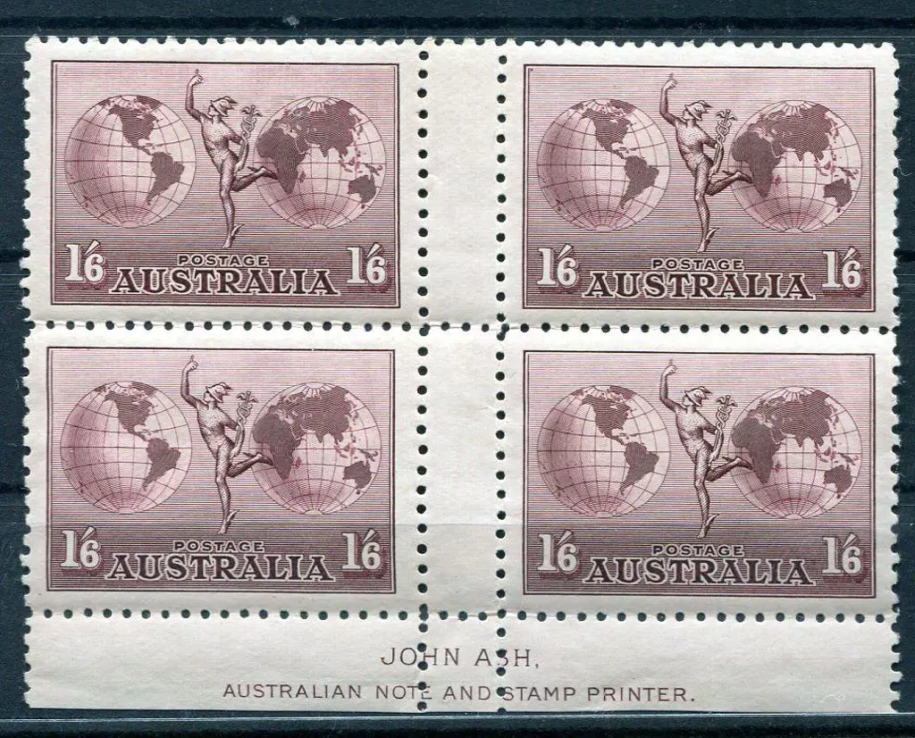 1934 1/6d Hermes, perf. 11, Ash imprint block with ... Image 1++
