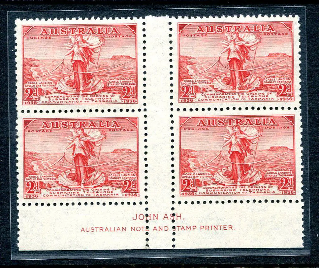 1936 2d Submarine Cable Ash imprint block of 4 ... Image 1++