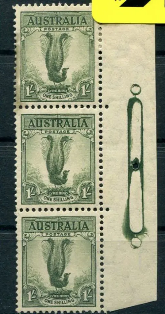 1937/48 1/- lyrebird right marginal strip of 3 ... Image 1++