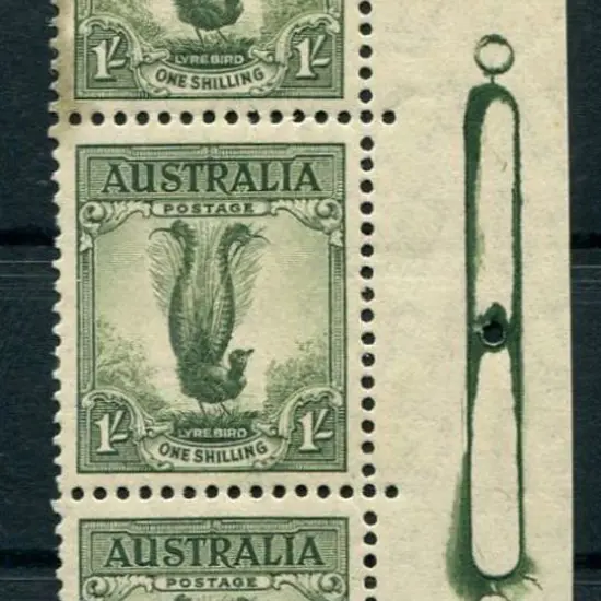 1937/48 1/- lyrebird right marginal strip of 3 ...