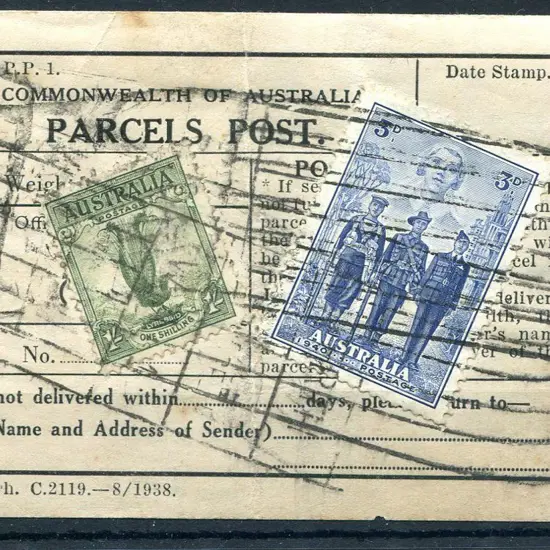 1938 PARCELS POST (P.P.1.) gummed label with 3d ...