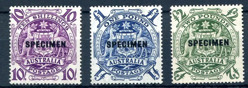 1949/50 Arms set of 3 ovptd "SPECIMEN". ... Image 1++