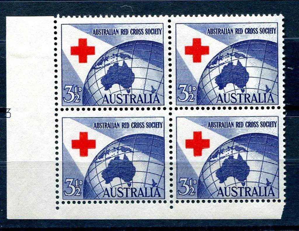 1954 3½d Red Cross bottom left corner block of 4 ... Image 1++