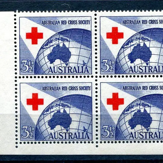 1954 3½d Red Cross bottom left corner block of 4 ...