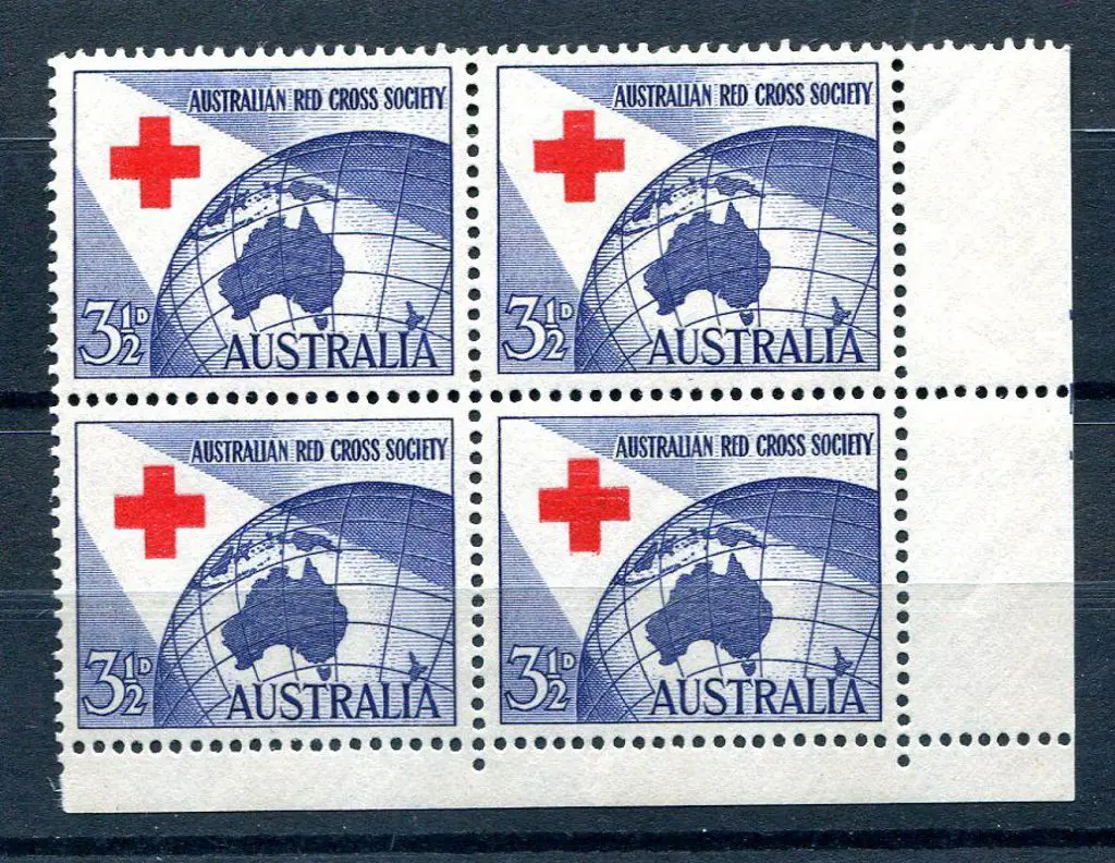 1954 3½d Red Cross bottom right corner block of 4 ... Image 1++