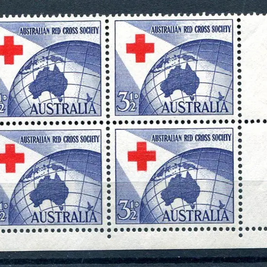 1954 3½d Red Cross bottom right corner block of 4 ...