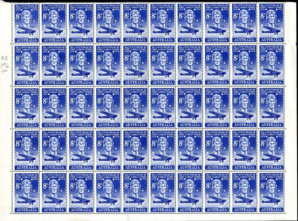 1958 8d Kingsford Smith part right sheet of 50 ... Image 1++