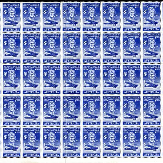 1958 8d Kingsford Smith part right sheet of 50 ...