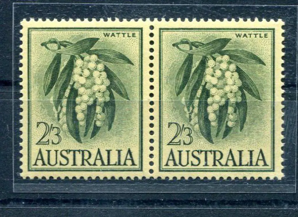 1959 2/3d Wattle on yellow paper with oblique line ... Image 1++