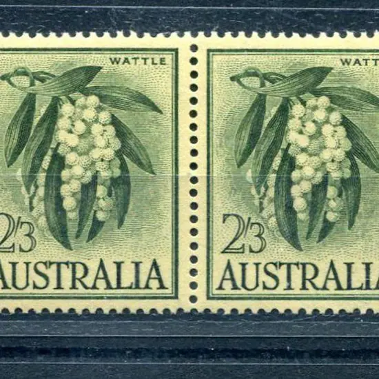 1959 2/3d Wattle on yellow paper with oblique line ...