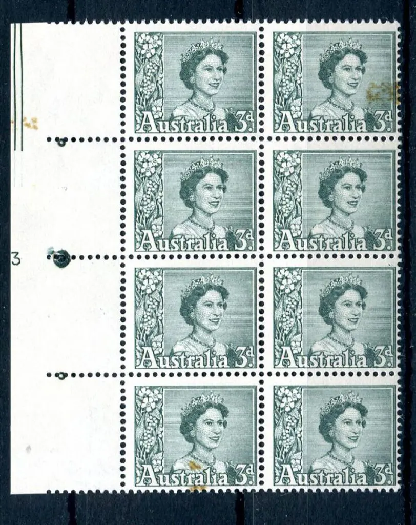 1959 3d blue-green QEII left marginal block of 8 ... Image 1++