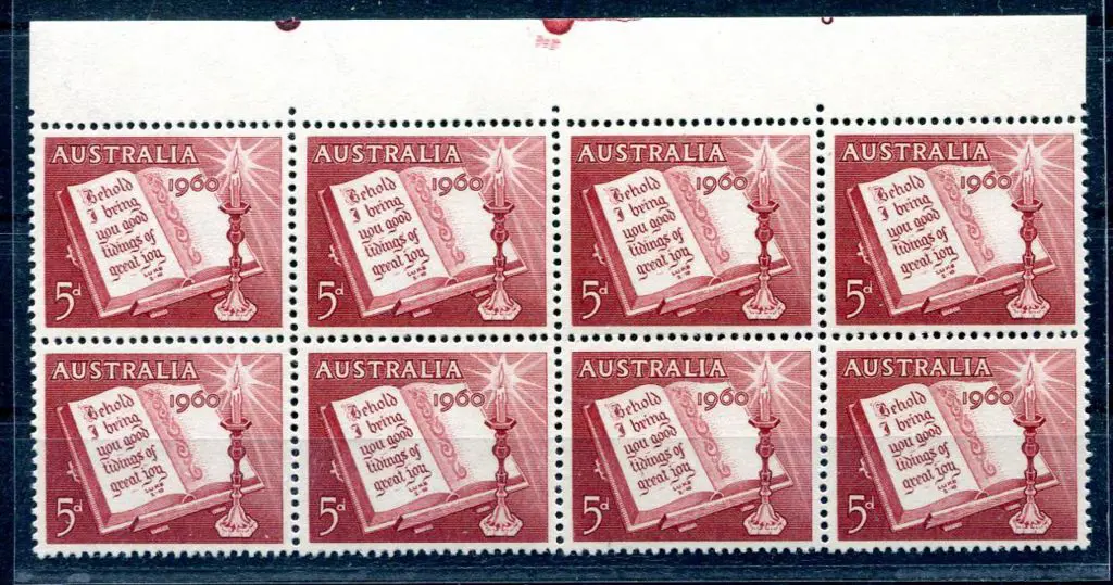 1960 Christmas positional block of 8 with pip ... Image 1++