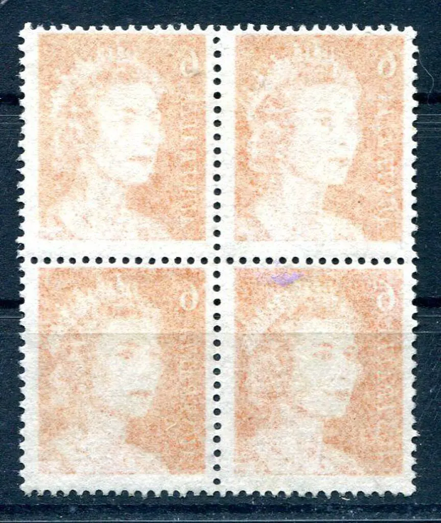 1970 6¢ orange QEII block of 4 with complete ... Image 1++