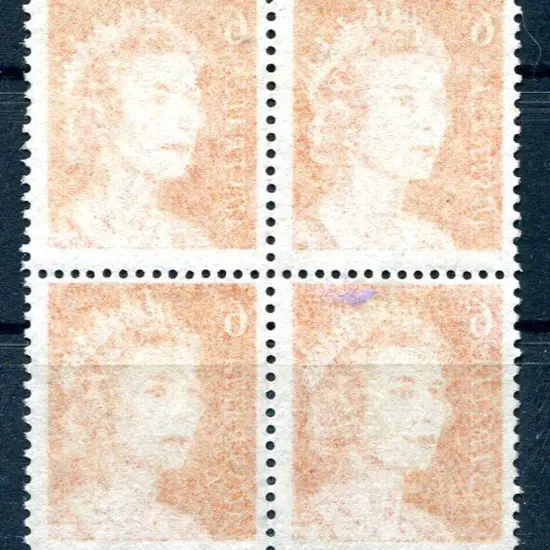 1970 6¢ orange QEII block of 4 with complete ...