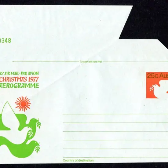 1977 25c Christmas Aerogramme with huge top left ...