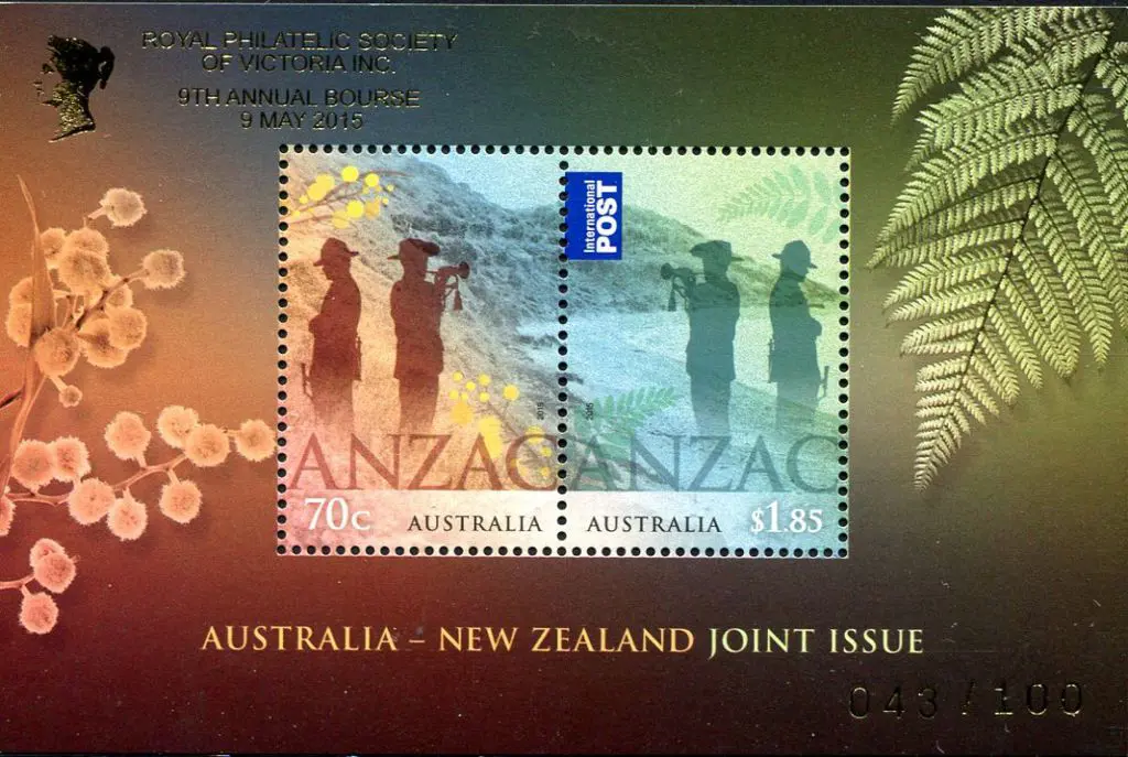 2015 Anzac Aust/NZ joint issue M/S ovptd in gold ... Image 1++