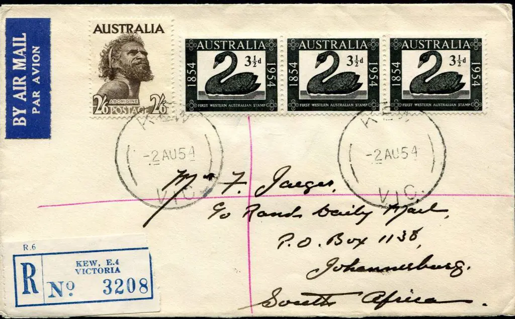 1954 (2nd Aug) 3½d WA Stamp Cent strip of 3 on Kew ... Image 1++
