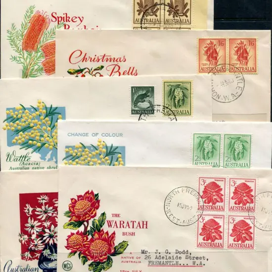 1954/69 Wildflowers with 3/- Waratah block of 4, ...