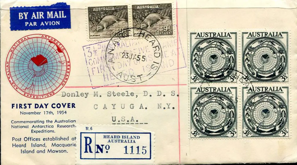 1955 (23rd Jan) 3½d ANARE block of 4 on Wesley ... Image 1++