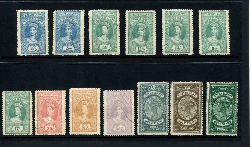 1895 "Impressed Duty" for 1/3d, 3/-, 12/6d, 14/-, ... Image 1++