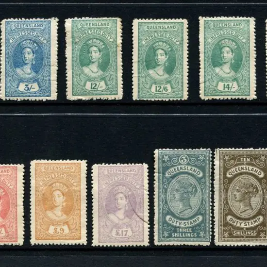 1895 "Impressed Duty" for 1/3d, 3/-, 12/6d, 14/-, ...