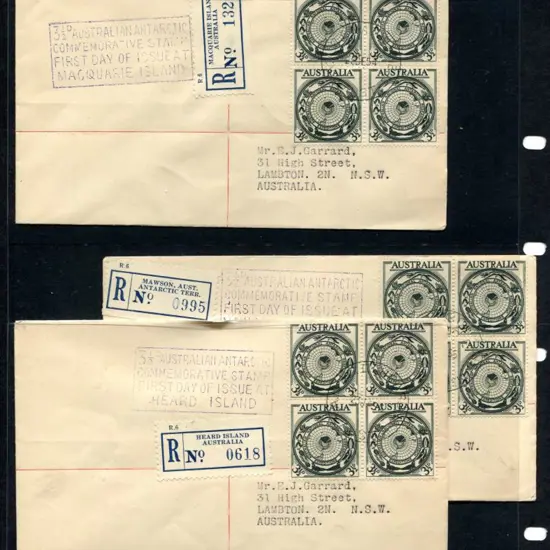 1954/55 3½d ANARE set of 3 Registered plain FDC's ...