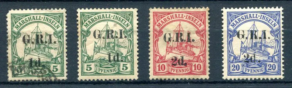1914 5pf Marshall Islands with "G.R.I. 1d." ovpt ... Image 1++